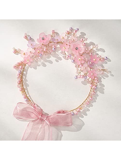 SWEETV Flower Girl Headpiece Pink Flower Crown for Girls Toddler Kids Wedding Headband Princess Hair Accessory for Birthday Party, Photography