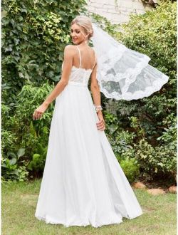 Contrast Lace Ruched Mesh Cami Wedding Dress Without Veil