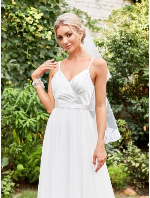 Shein Contrast Lace Ruched Mesh Cami Wedding Dress Without Veil