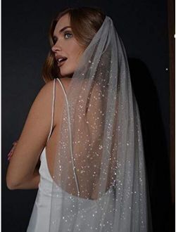 Unsutuo 1 Tier Glitter Bride Wedding Veil Fingertip Bachelorette Party Veil Sparking Bridal Veil for Women and Girls (Ivory)