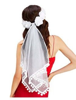 xo, Fetti Bachelorette Party Decorations Veil - White Flower Pom Pom Veil | Bridal Shower | Bride to Be Gift + Engagement Decorations