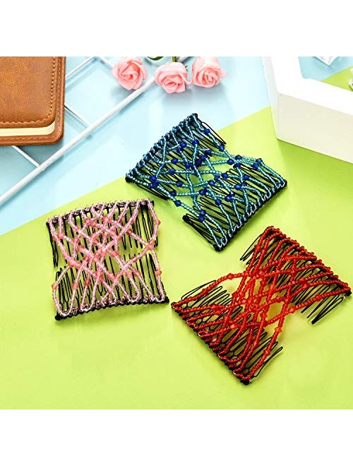 Boao 6 Pieces Beads Hair Combs Magic Elastic Hair Clips Stretchy Hair Comb Double Clips for Women Girls Hair Accessory (Color Set 1, 9 x 7 cm)