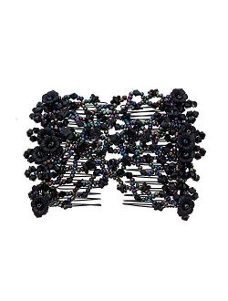 Lovef Jewelry Lovef Flower Multifunction Easy Magic Hair Comb Stretchy Beaded Hair Comb in Small Beads Hairpin Plate Hair (Black1)
