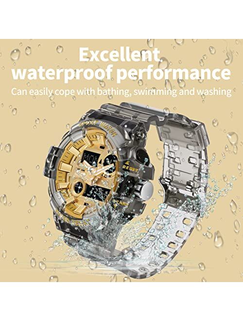 Findtime Mens Digital Watch Reloj para Hombre LED Large Face Outdoor Sport Watch Stopwatch Alarm Tactical 30M Waterproof Gold Watches for Men Military Transparent Design