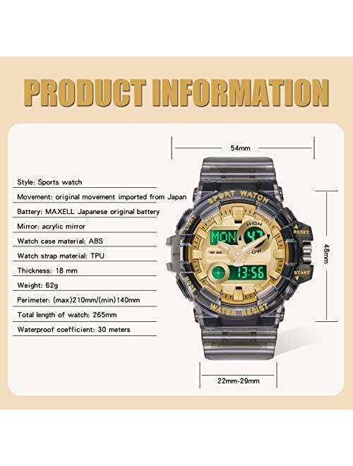 Findtime Mens Digital Watch Reloj para Hombre LED Large Face Outdoor Sport Watch Stopwatch Alarm Tactical 30M Waterproof Gold Watches for Men Military Transparent Design