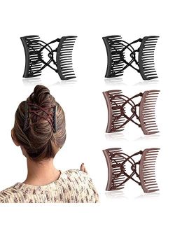 Shuixiong 4 Pieces Stretchy Double Comb Hair Clip Adjustable Elastic Hair Comb for Thick Curly Hair Adjustable Majic Hair Clip Comb Hair Accessories(Coffee and Black)