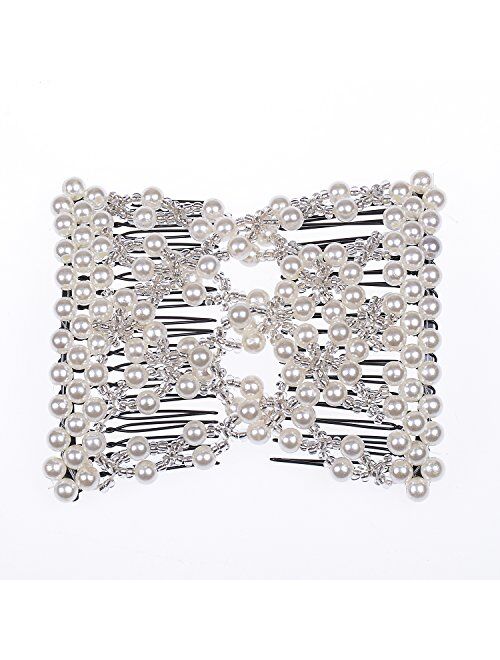 Ruihfas 5Pcs Easy Stretch Beaded Hair Combs Double Magic Slide Metal Comb Clip Hairpins for Women Hair Styling
