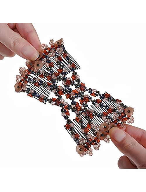 FXBLING 6Pcs Magic Easy Combs for Women Hair Bun Maker Accessories, Elastic Beaded Double Hair Clips Combs for Hair Styling or Hair Decoration