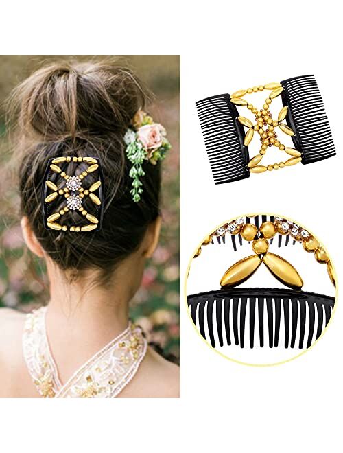 Aethland 4 Pcs Hair Combs for Women Accessories, Comby Magic Hair Comb for Women Wood Beaded Stretch Double Hair Side Combs Clips Elastic Beaded Hairpins Combs (Set A)