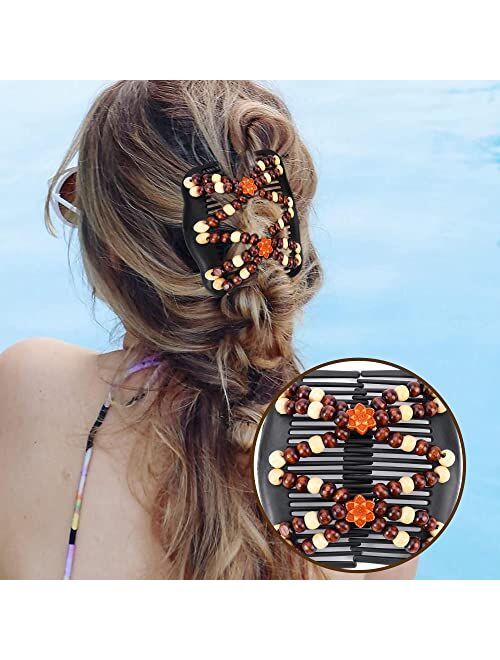 Aethland 4 Pcs Hair Combs for Women Accessories, Comby Magic Hair Comb for Women Wood Beaded Stretch Double Hair Side Combs Clips Elastic Beaded Hairpins Combs (Set A)