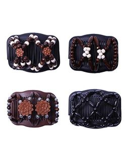 Lovef Jewelry Lovef Thick Hair Clip Magic Wood Beads Double Hair Comb Clip Stretch Combs for Hair Fashion Design Multi Butterfly Bun Maker for Popular Hairstyles Style 4p
