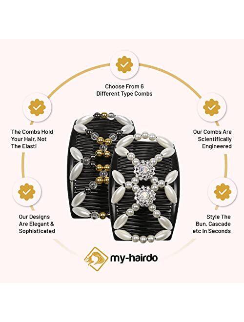 My-Hairdo Magic Hair Side Combs for Women - Elegant Beaded, Stretchy Double Hair Side Combs Clips -Bun Maker Hair Accessories - Perfect For Up-dos, Ponytail, Half Up & Ca