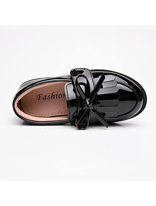youngshow Girls Patent Leather Loafer Tassel Bow Flats with Hook-and-Loop Fastener School Uniform Dress Shoes for Girls