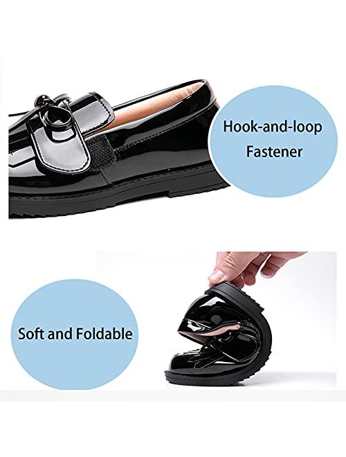 youngshow Girls Patent Leather Loafer Tassel Bow Flats with Hook-and-Loop Fastener School Uniform Dress Shoes for Girls