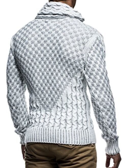 Leif Nelson Mens Knitted Pullover | Long-Sleeved Slim fit Shirt | Basic Sweatshirt with Shawl Collar and Faux Leather