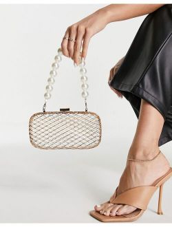 caged clutch bag with pearl beaded handle in gold