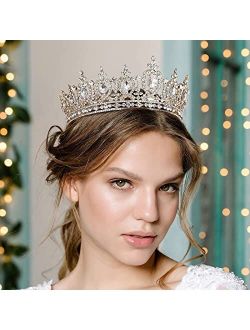 AW BRIDAL Baroque Queen Crown for Women, Wedding Tiara for Bride, Crystal Rhinestone Hair Accessories Cake Topper for Quinceanera Pageant Costume Party, Gold