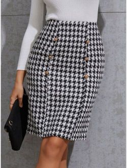 Houndstooth Print Double Breasted Tweed Skirt