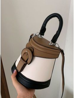 Mini Colorblock Buckle Decor Bucket Bag