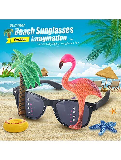 POPLAY 4 Pairs Luau Party Sunglasses,Funny Novelty Party Glasses Hawaiian Tropical Sunglasses Flamingo Coconut Pineapple Macaw Style Beach Photo Booth Props for Party Sup
