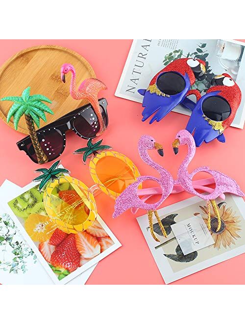 POPLAY 4 Pairs Luau Party Sunglasses,Funny Novelty Party Glasses Hawaiian Tropical Sunglasses Flamingo Coconut Pineapple Macaw Style Beach Photo Booth Props for Party Sup