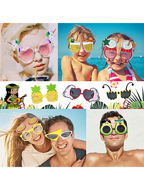 Winrayk 9 Pairs Luau Party Sunglasses Hawaiian Funny Glasses for Kid Adult Tropical Beach Party Favors Novelty Sunglasses Bulk with Unicorn Pineapple Heart, Summer Pool B