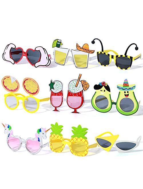 Winrayk 9 Pairs Luau Party Sunglasses Hawaiian Funny Glasses for Kid Adult Tropical Beach Party Favors Novelty Sunglasses Bulk with Unicorn Pineapple Heart, Summer Pool B