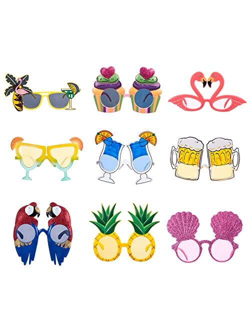 Plupiapio 9 Pairs Hawaiian Luau Party Decorations Sunglasses, Funny Tropical Party Sunglasses for Summer Pool Beach Party Decorations, Tropical Hawaiian Luau Party Suppli