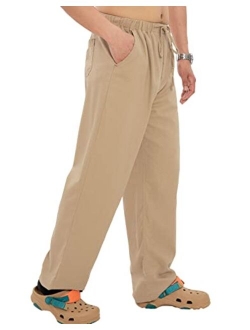 Bonnorth Men's Linen Loose Drawstring Elastic Waist Wide Leg Solid Casual Pants