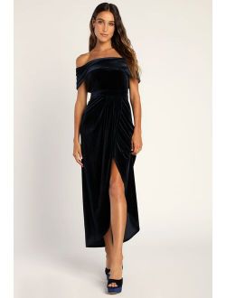 I'm Enchanted Navy Blue Velvet Off-the-Shoulder Maxi Dress