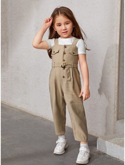 SHEIN Toddler Girls Button Front Buckled Belted Overalls Without Tee