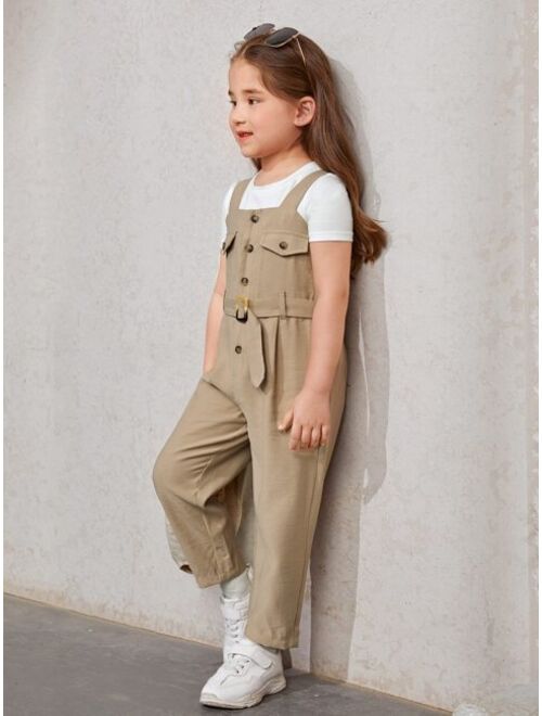 SHEIN Toddler Girls Button Front Buckled Belted Overalls Without Tee