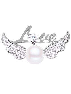 CHUYUN Silver Plated Crystal Angel Wing Brooch with Letter Love Pearl Heart Brooch Pin for Girl