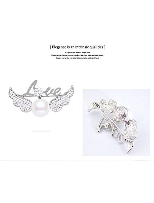 CHUYUN Silver Plated Crystal Angel Wing Brooch with Letter Love Pearl Heart Brooch Pin for Girl
