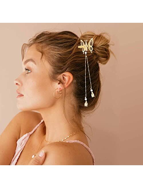 Bartosi 2 Pieces Tassel Hair Clips Butterfly Hair Barrettes Gold Metal Fashionable Hairpins Decorative Hair Pins Hair Accessories for Women Girls