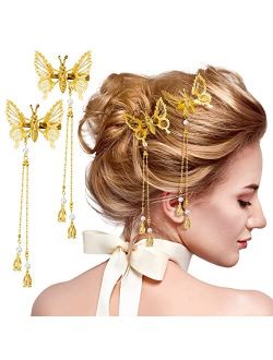 PAGOW 4pcs Elegant Tassel Butterfly Hairpin alligator clip- Antique Side Clip Will Move Metal Long Hair Adornment for Women Girl Bridal Bridesmaid (Gold,4PCS)