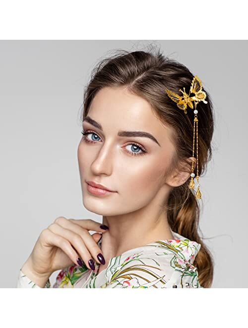 PAGOW 4pcs Elegant Tassel Butterfly Hairpin alligator clip- Antique Side Clip Will Move Metal Long Hair Adornment for Women Girl Bridal Bridesmaid (Gold,4PCS)