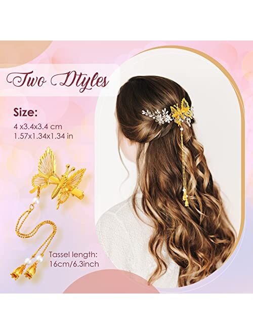 Willbond 4 Pcs Moving Butterfly Hair Clips Elegant Tassel Butterfly Hairpin Antique Side Clip Will Move Butterfly Hairpin 3D Cute Styling Metal Barrettes Headdress Access