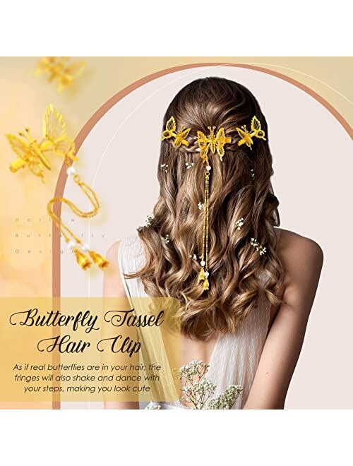 Willbond 4 Pcs Moving Butterfly Hair Clips Elegant Tassel Butterfly Hairpin Antique Side Clip Will Move Butterfly Hairpin 3D Cute Styling Metal Barrettes Headdress Access