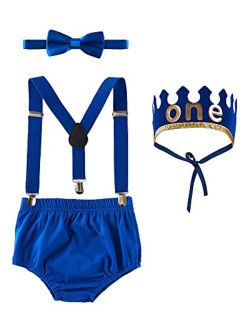 Nuolich Baby Boy First 1st Birthday Cake Smash Outfit Boys One Birthday Crown Bloomers Pants Bow Tie Suspenders Set