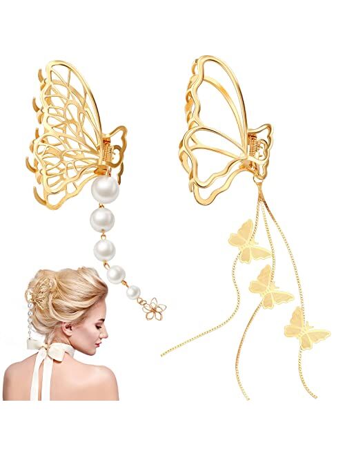 Juinte Tassel Gold Butterfly Hair Clips 2 Pieces Pearl Metal Butterfly Hair Claw Nonslip Metal Gold Butterfly Tassel Clips Hair Clamp Hair Catch Clip Hair Accessories for