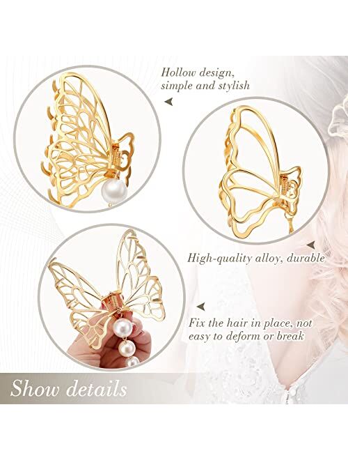 Juinte Tassel Gold Butterfly Hair Clips 2 Pieces Pearl Metal Butterfly Hair Claw Nonslip Metal Gold Butterfly Tassel Clips Hair Clamp Hair Catch Clip Hair Accessories for