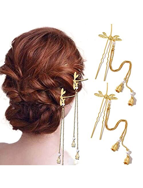 Bartosi Gold Hair Forks Metal U Shape Hairpins Tassel Hair Sticks Bride Wedding Hair Chignon 2 Prong Bun Hair Stick Head Pieces Accessories for Women Girls (Pack of 2)