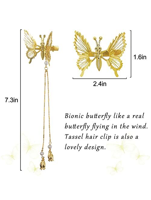 U-Shinein 4PCS 3D Butterfly Hair Clips, Sliver Metal Moving Wings Butterfly Hair Claw With Tassel Hairpins, 2 Style Bionic Butterfly Hair Clip Cute Hair Accessories For B