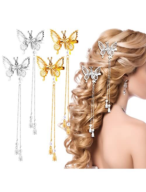 Sibba 4 Pcs Butterfly Hair Clips Pins, Tassel 3D Moving Butterfly Hairpins Metal Cute Clip Alloy Glitter Barrettes French Side Hollow for Women Girls Wedding Hair Fashion