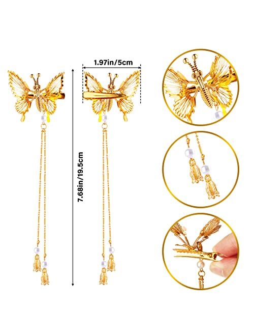 Sibba 4 Pcs Butterfly Hair Clips Pins, Tassel 3D Moving Butterfly Hairpins Metal Cute Clip Alloy Glitter Barrettes French Side Hollow for Women Girls Wedding Hair Fashion