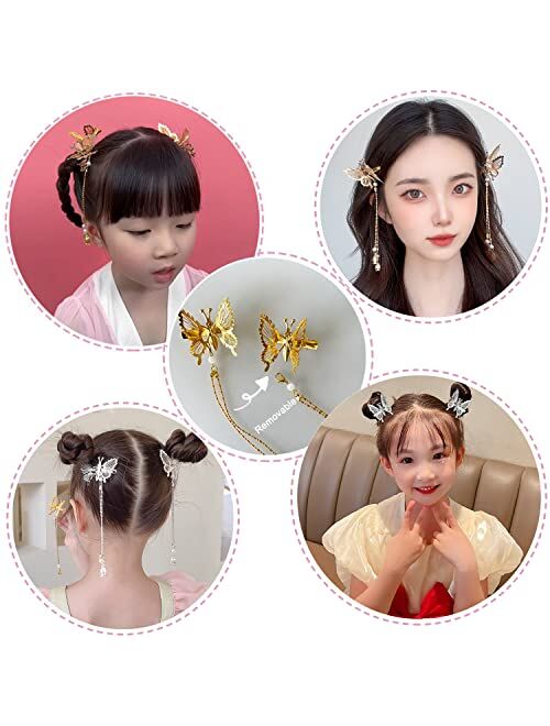 Flymind 6Pcs Moving Butterfly Tassel Hair Clips, Elegant Tassel Butterfly Hairpin Antique Side Clip Will Move Hairpins Decorative Hair Accessories for Women Girls (Gold)