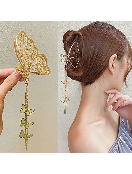 Jmassyang 4 Pieces Metal Butterfly Hair Clips Gold Big Hair Claw Clip Nonslip Tassel Butterfly Hair Clamps Hair Accessories for Women Girls with Thick/Thin Hair Accessori
