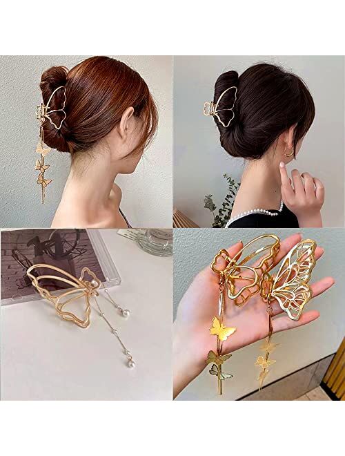 Jmassyang 4 Pieces Metal Butterfly Hair Clips Gold Big Hair Claw Clip Nonslip Tassel Butterfly Hair Clamps Hair Accessories for Women Girls with Thick/Thin Hair Accessori