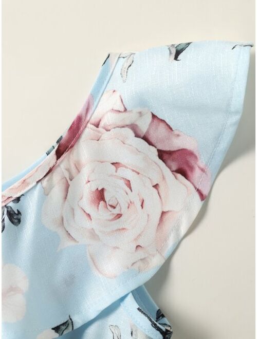 Shein Girls Floral Print Asymmetrical Neck Ruffle Trim Wide Leg Jumpsuit